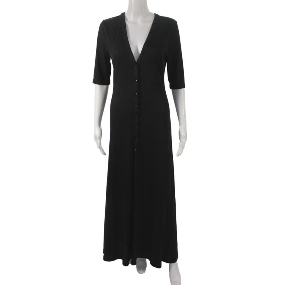 L'Academie Womens Maxi Dress Black V-Neck Half Sleeve Button Size M